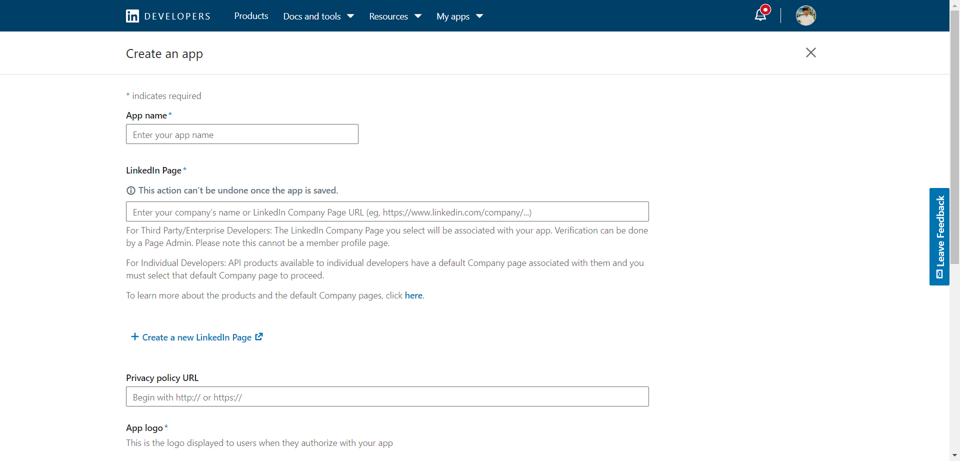 LinkedIn Create App